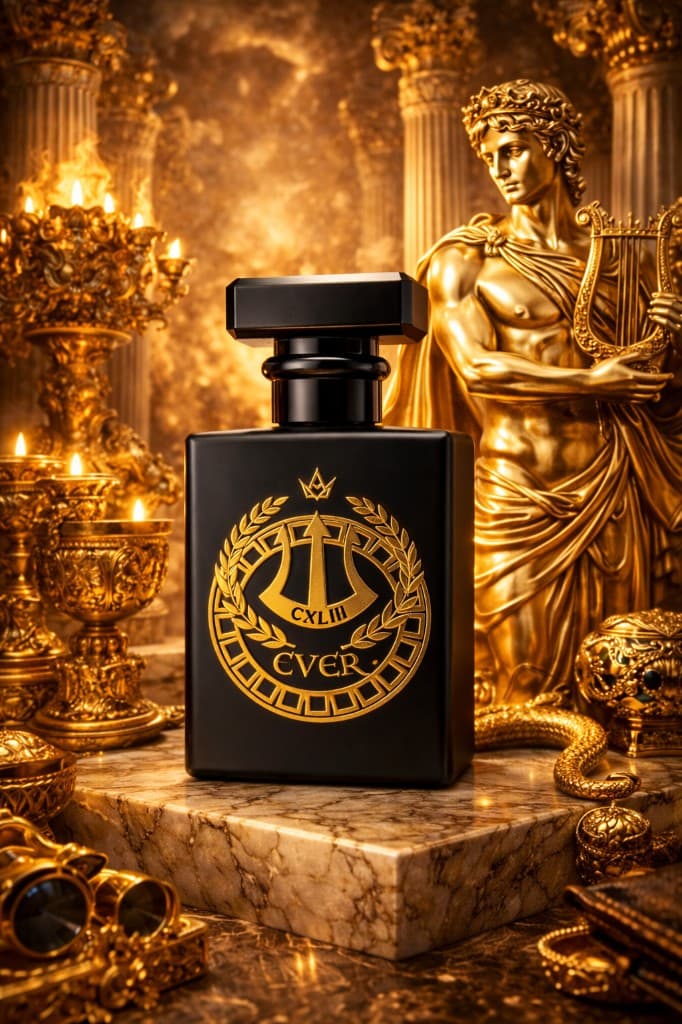 143 4 EVER cologne bottle with gold trident logo surrounded by blue smoke