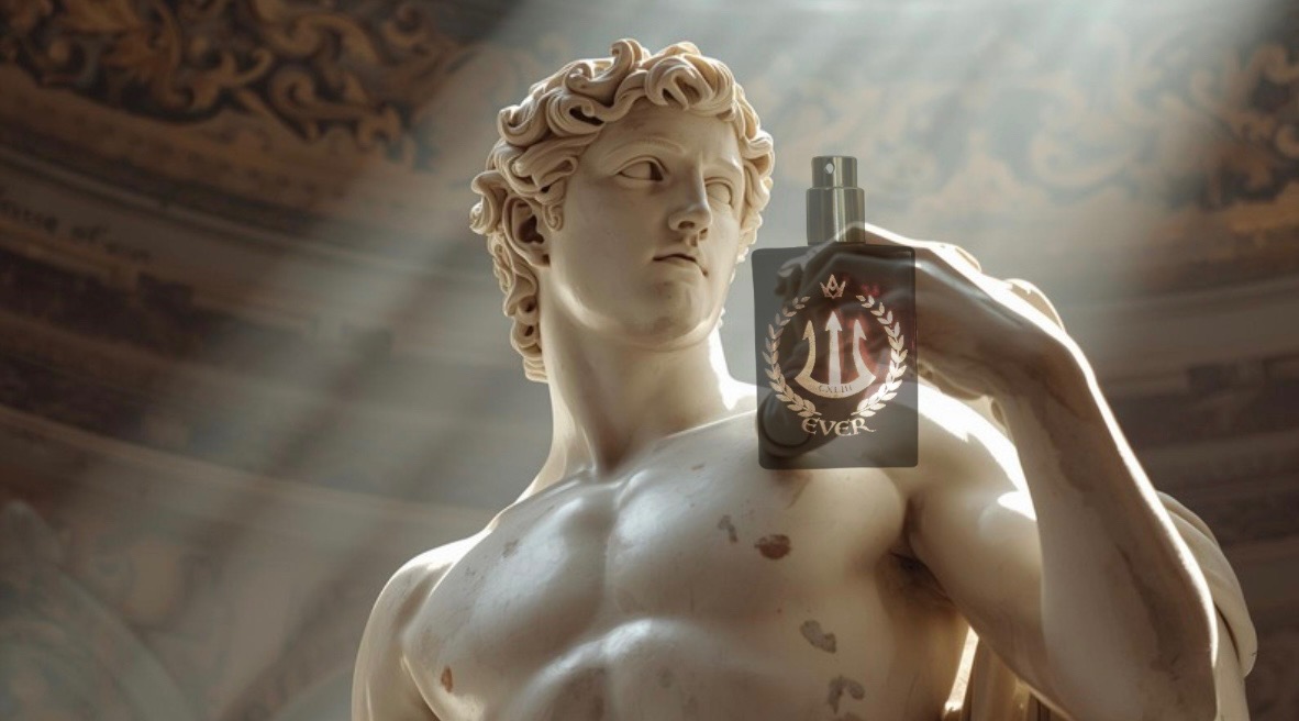 Classical statue with 143 4 EVER cologne